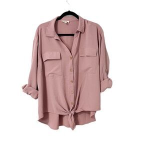 🟢Como Blu Blush Pink Rill tab Sleeve Button Down Front Tie Blouse Size 2X